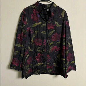 Chico’s Size 2 (Large) Silk Jacket Haori Black Floral Long Sleeves Beaded